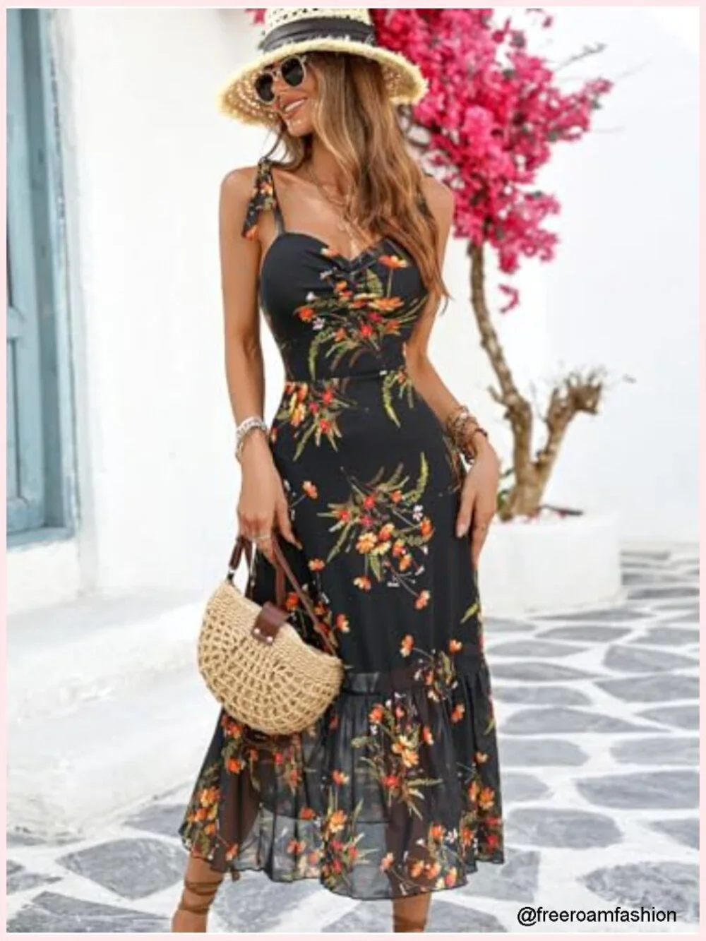 Floral Mesh Midi Dress Sweetheart Neck Tie Straps Ruffle